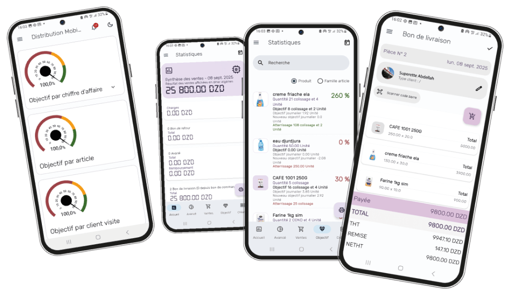 Suite complète de l'application mobile Pro Distribution SFA en Algérie