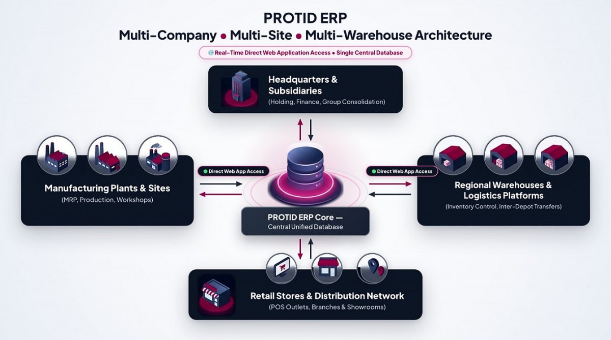3D architectural diagram of Pro ERP showing real-time multi-company synchronization and zero-install Web/Mobile browser access